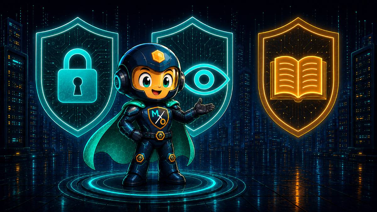 The Sentinel stands before three glowing shields bearing a padlock, an open eye and an open ledger.