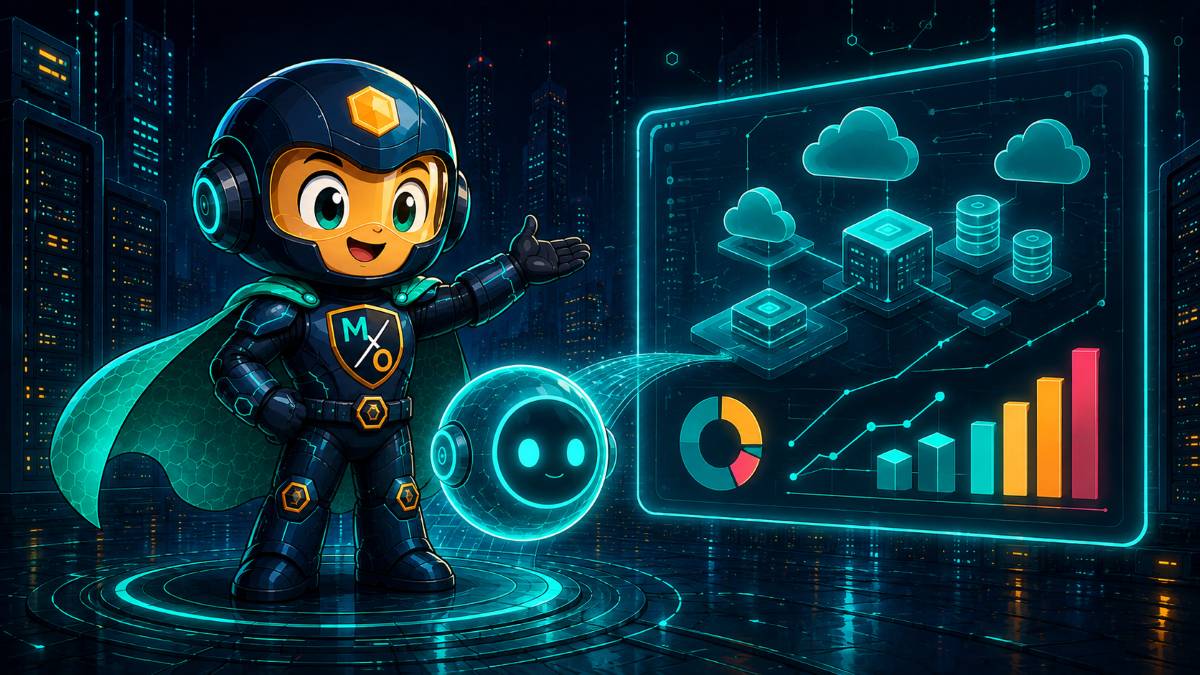 The Cost Sentinel and a glowing AI assistant orb studying a holographic cost dashboard together.