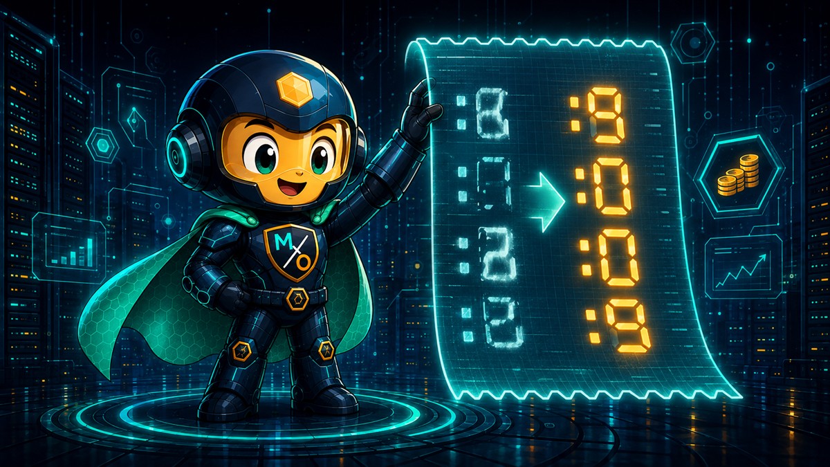 The Cost Sentinel holding a glowing invoice whose figures resolve from pale estimates into solid gold numbers.