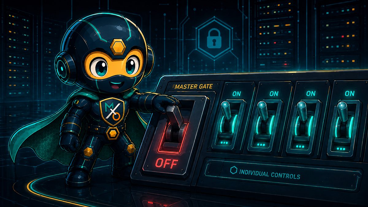 The Sentinel rests a hand on a large red master switch marked OFF, with smaller individual controls glowing behind it.
