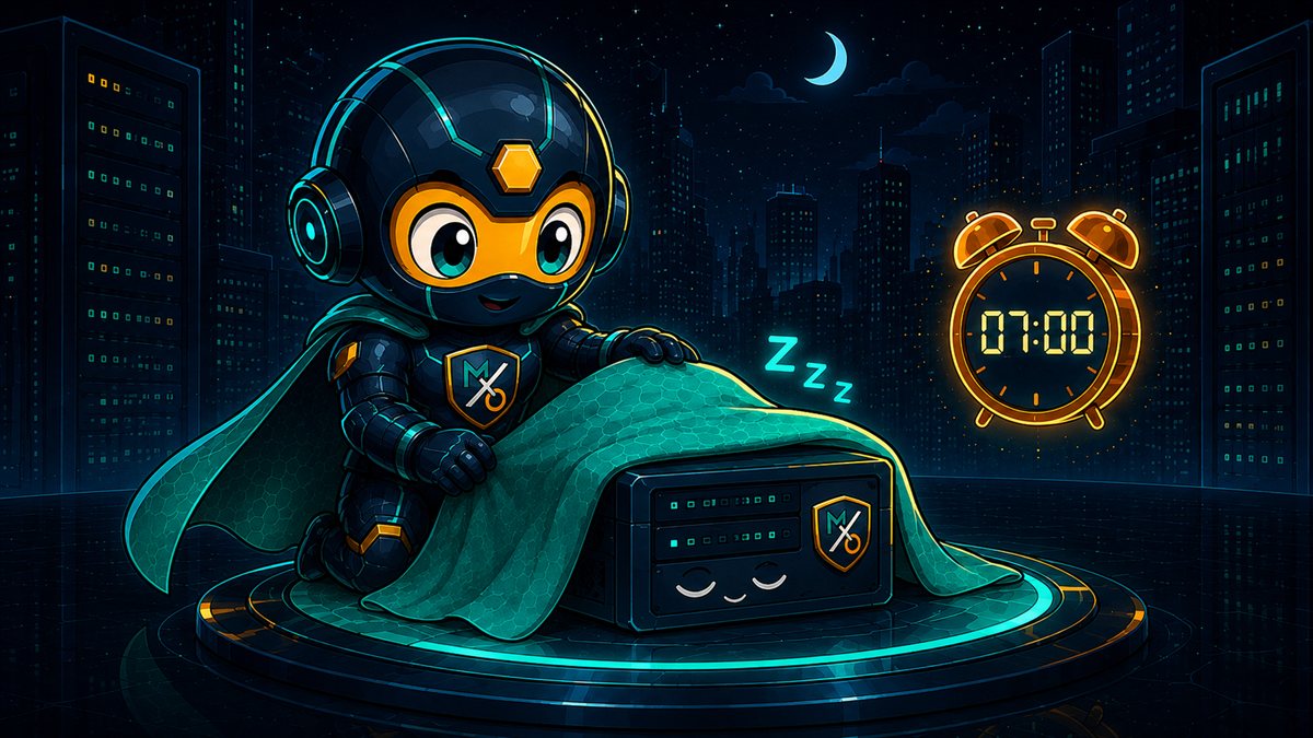 The Sentinel gently tucks a small sleeping server box under a teal blanket while an amber alarm clock floats nearby.