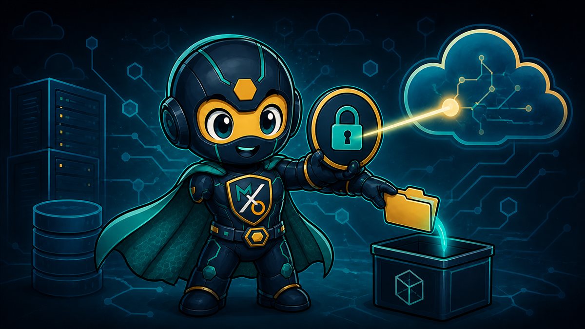 The Sentinel holds up a padlock badge beaming to a cloud while gently lowering a credentials folder into a container.