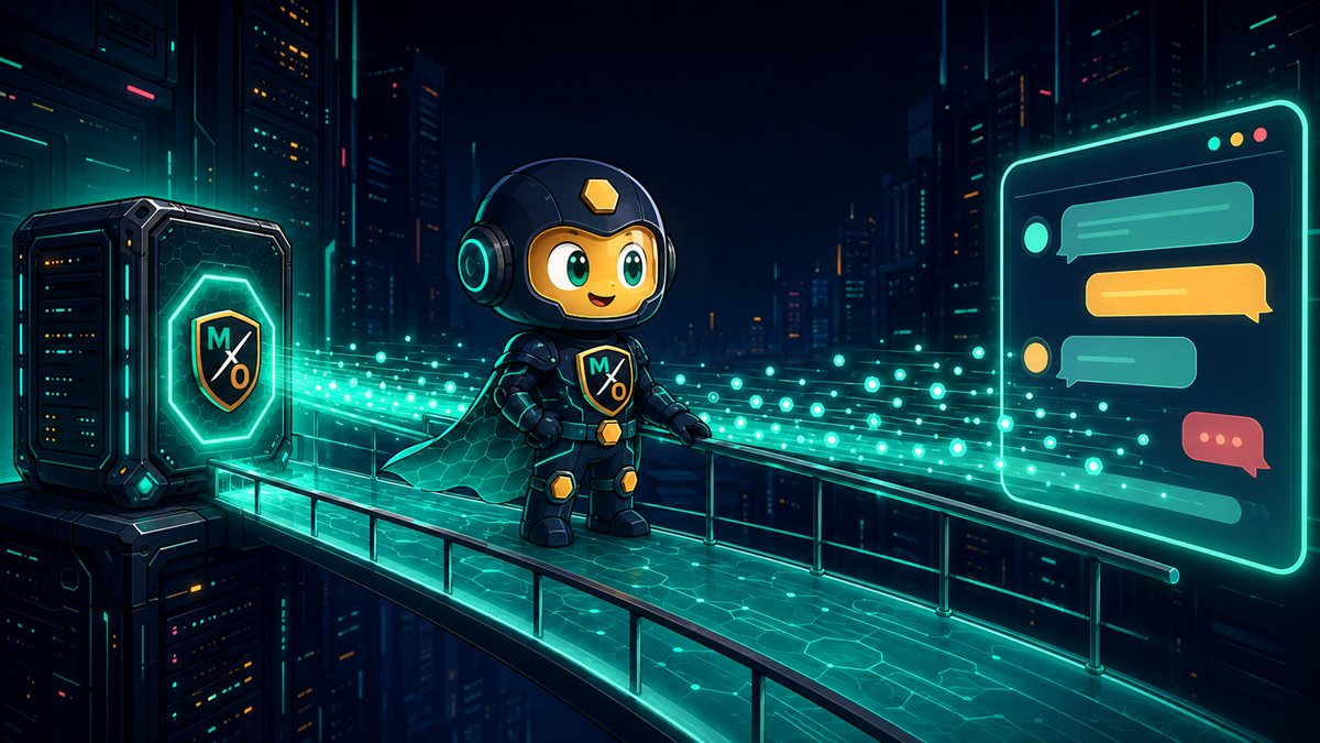 A bridge of light between a glowing server box and a floating chat window, with data motes flowing across it.