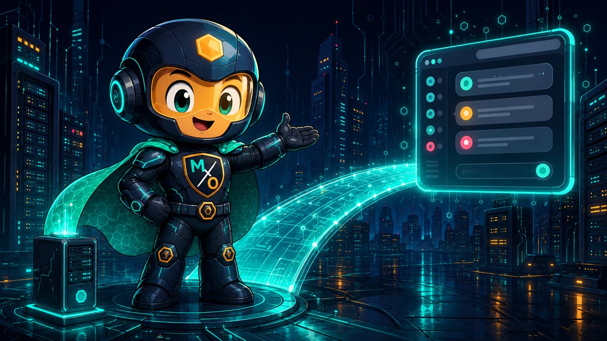 The Cost Sentinel beside a glowing bridge of light arcing from a server tower to a floating chat window.