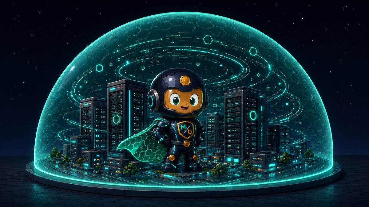A translucent teal dome over a small city block of server towers, data swirling inside it and empty sky outside.