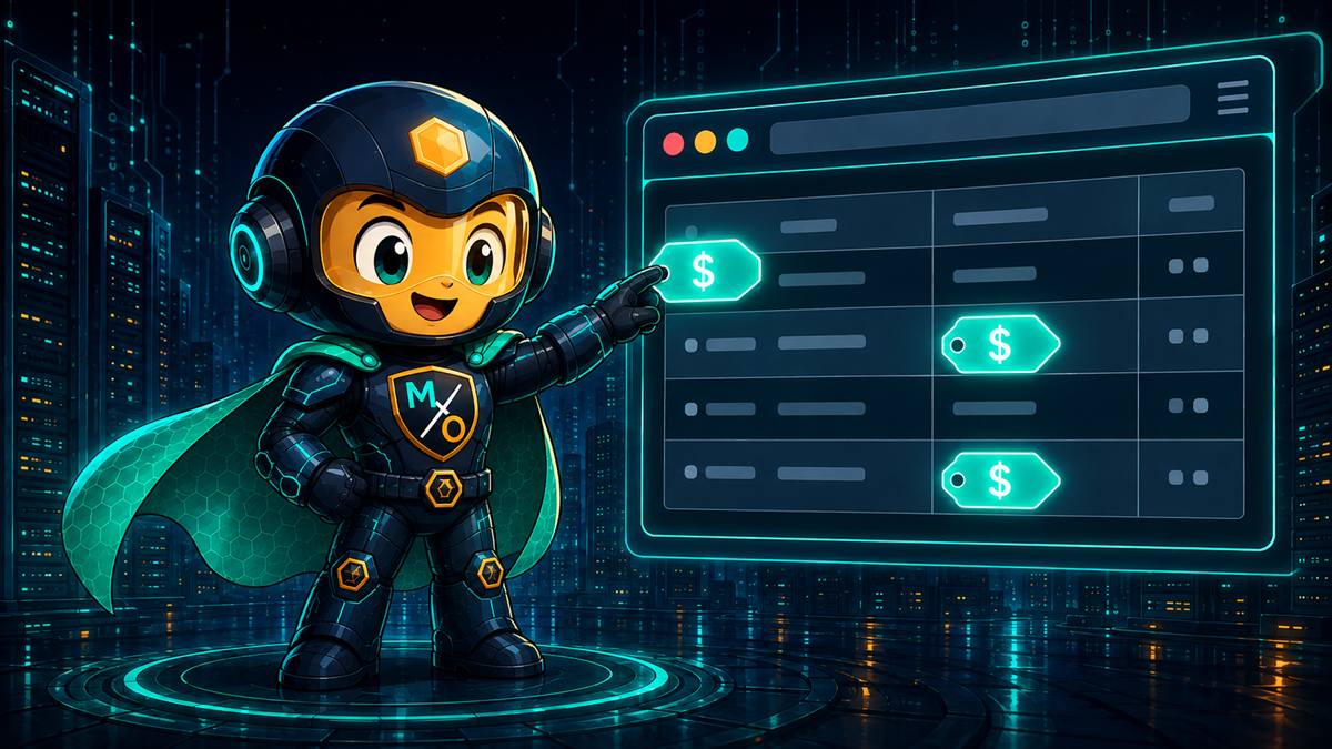 The Cost Sentinel pressing a glowing price chip onto a row of a floating browser table.