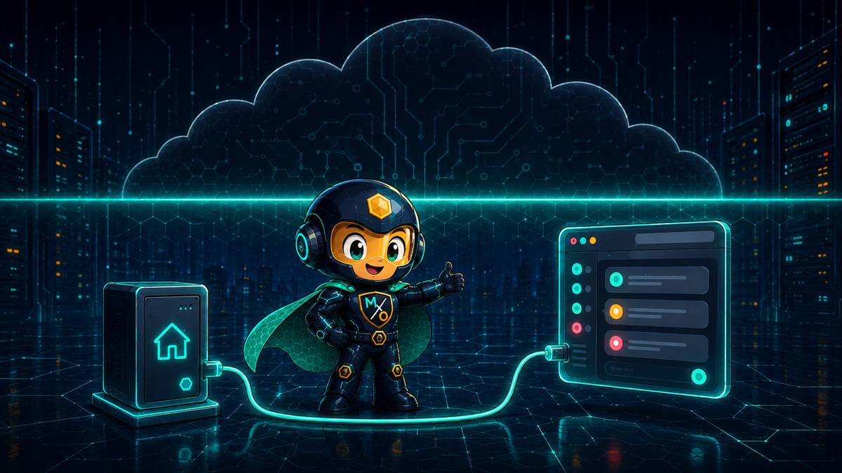 A short cable joins a home-marked server box to a browser window, with a teal barrier separating a dark cloud above.
