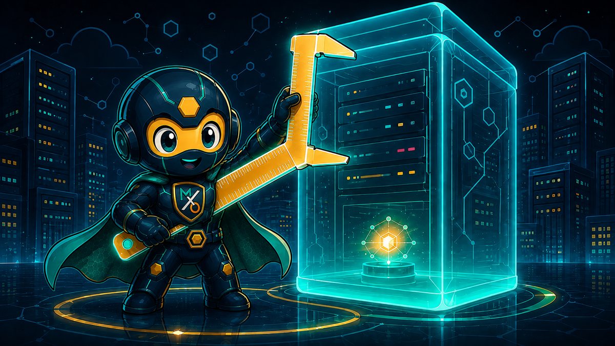 The Cost Sentinel holds a giant golden caliper against a huge glowing server box containing one tiny workload.
