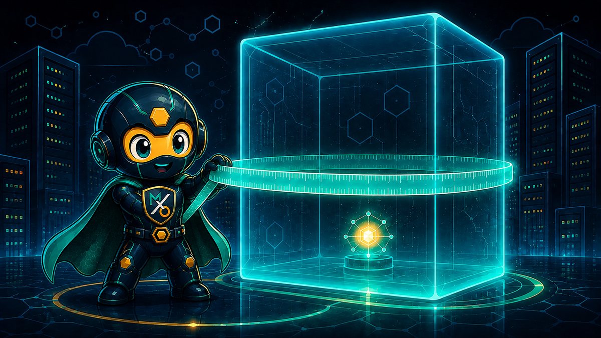 The Sentinel stretches a glowing measuring tape around a large empty instance box holding one small bright core.