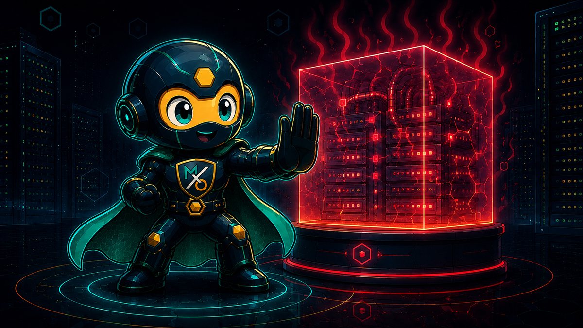 The Sentinel raises a protective open palm in front of a hot red-glowing server box radiating heavy load.