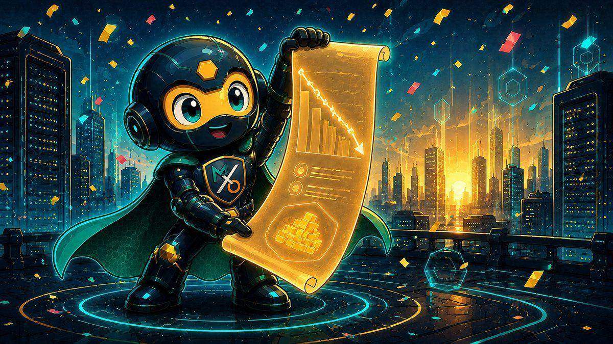 The Sentinel joyfully holds up a glowing golden receipt showing a falling cost curve, confetti in the air.