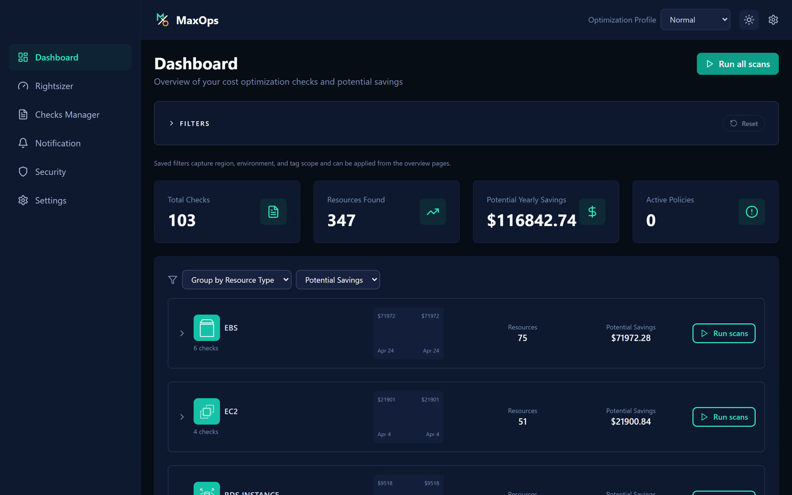 The MaxOps dashboard: 103 checks, 347 resources found, $116,842.74 potential yearly savings, with findings grouped by resource type.